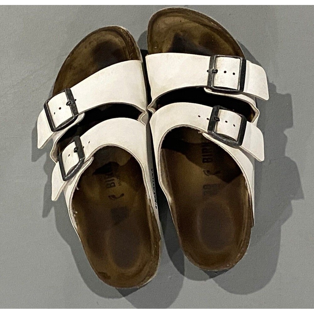 Birkenstock Arizona White Leather Slide Sandals Two Strap 38 Adjustable Buckle